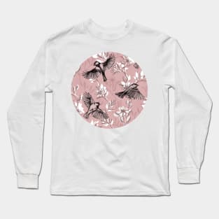 Flowers and Flight in Monochrome Rose Pink Long Sleeve T-Shirt